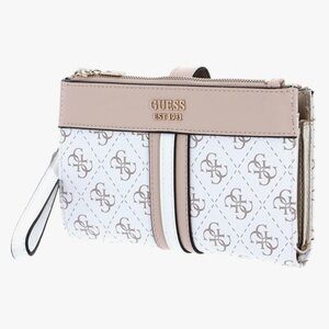 GUESS Logo Patterned Beige and White Wristlet